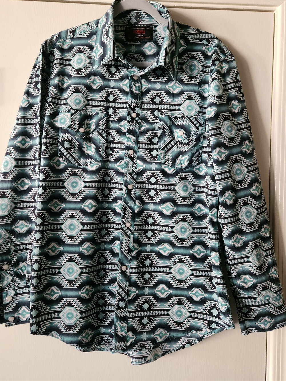 Rock & Roll Denim Men's Aztec Green Print Pearl Snap 🤠 Western Shirt XL EUC $28